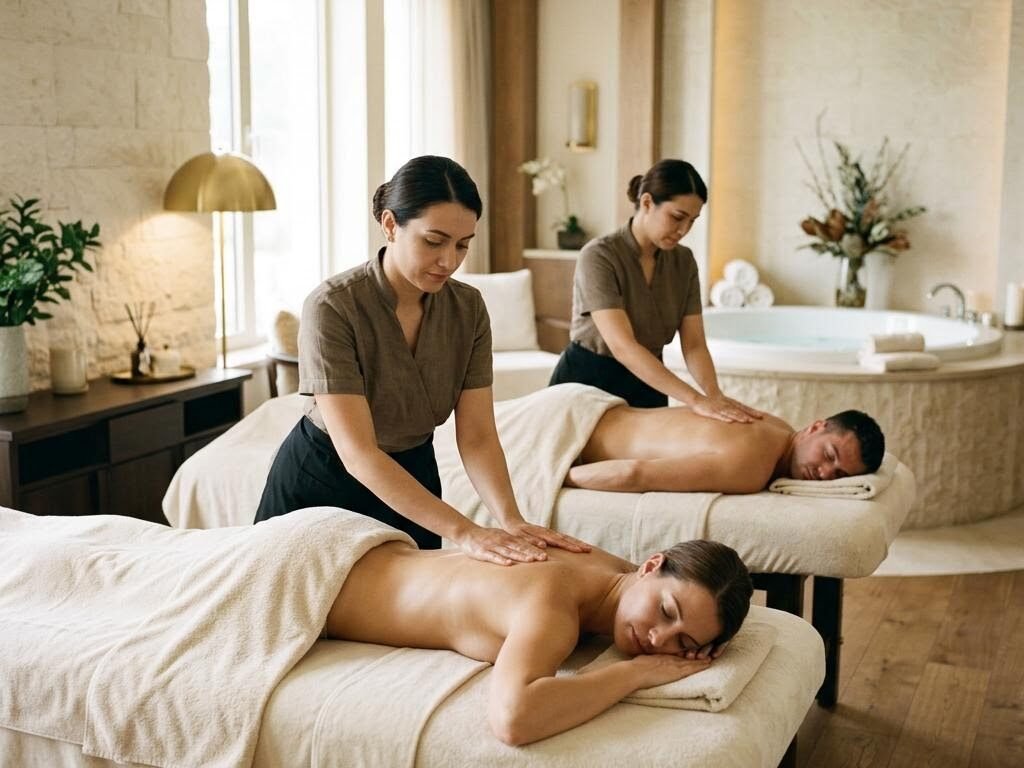 Two female therapists giving a synchronized couples massage beside a private Jacuzzi at Dream Premium Spa in Bengaluru