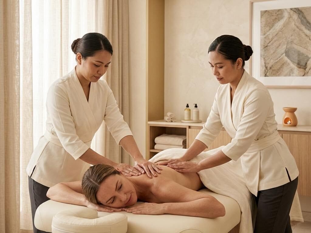 Two female therapists performing a synchronized four hands massage at Dream Premium Spa in Bengaluru