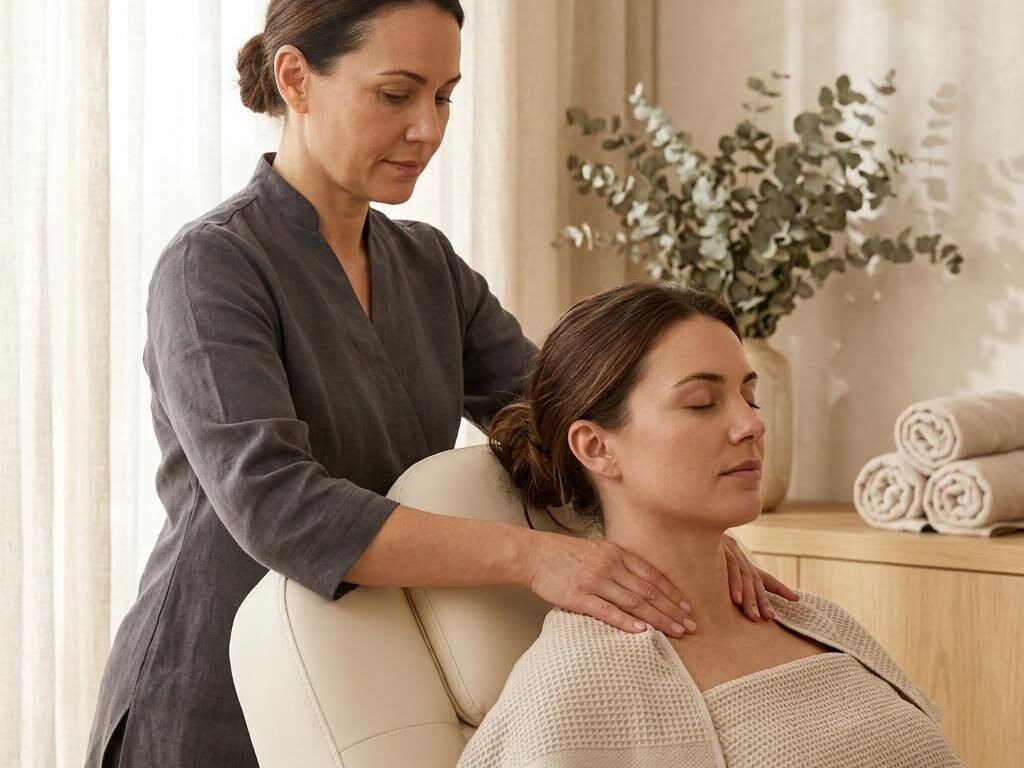 Female therapist performing a head, neck and shoulder massage at Dream Premium Spa in Bengaluru