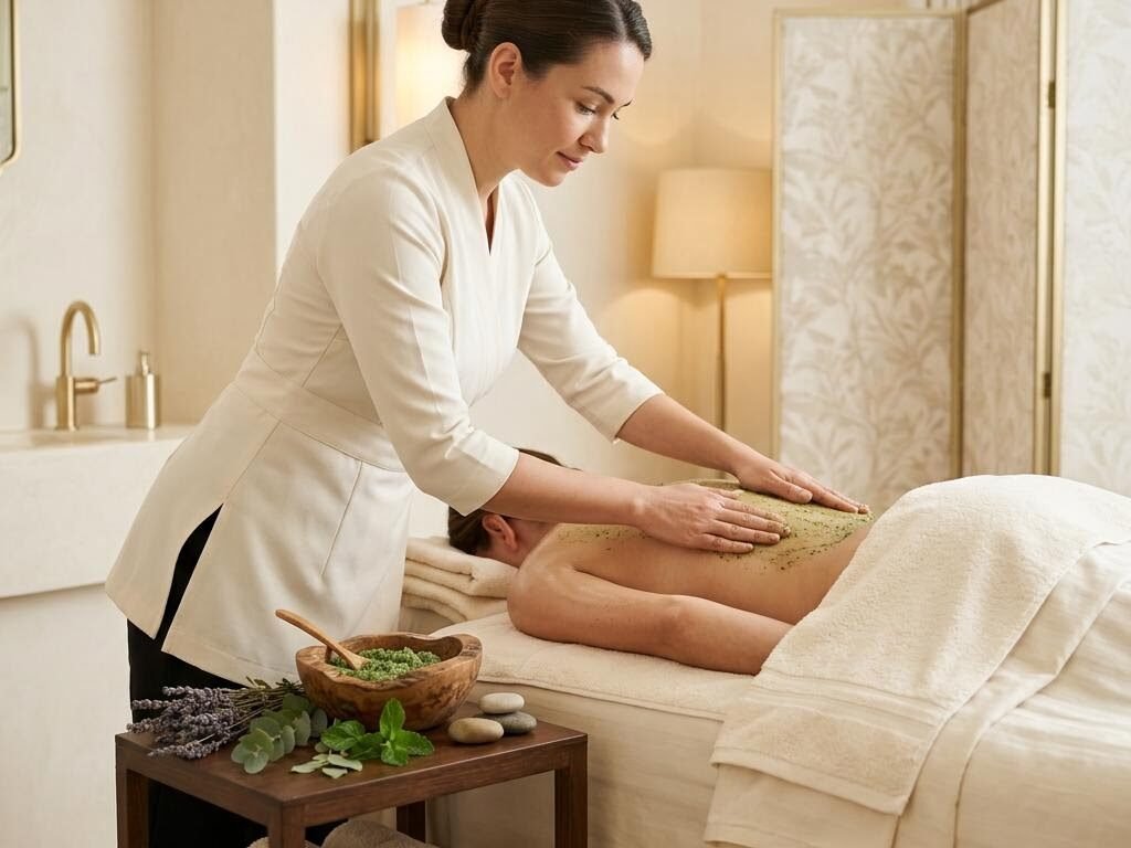 Female spa therapist applying a natural herbal body polish scrub at Dream Premium Spa in Bengaluru