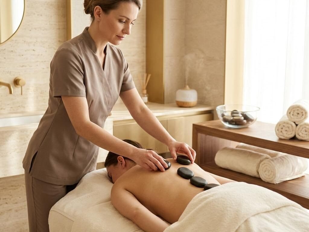 Female therapist placing smooth heated basalt stones along a client's back during a hot stone massage at Dream Premium Spa Bengaluru
