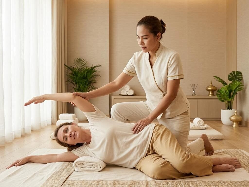 Female therapist performing traditional Thai dry massage with assisted stretching at Dream Premium Spa in Kaikondrahalli Bengaluru